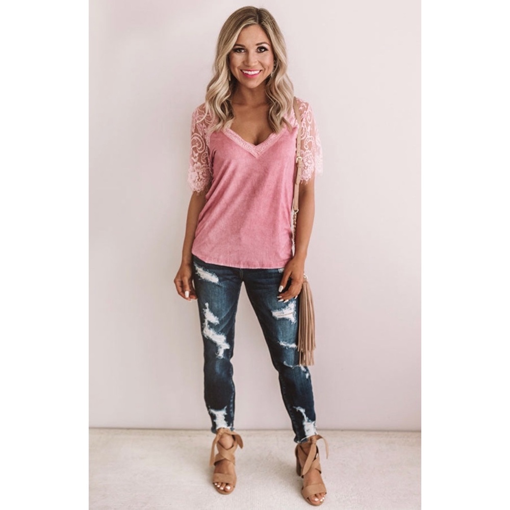 POL Pink Plum V Neck Lace Sleeve Rayon Jersey Tee - Picture 7 of 7
